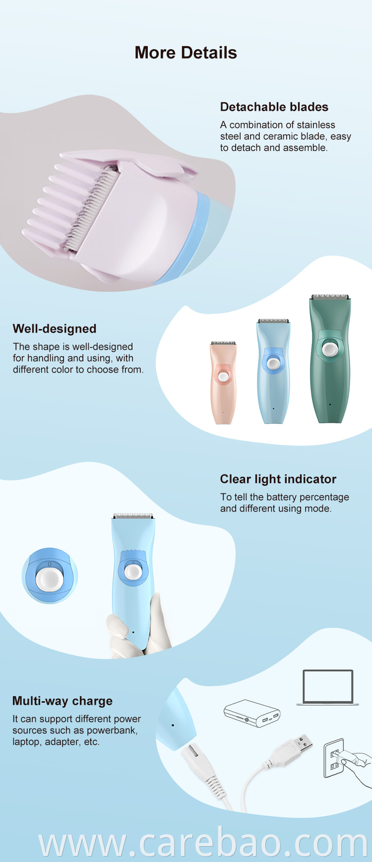 High Quality Cute Carebao Rechargeable Waterproof Electric Body Trimmer Clipper For Baby With Ceramic Stainless Steel Blade